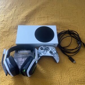 Xbox Series S Console Bundle with White Camo Controller and Astro 420 headset.